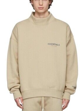 Essentials Fear Of God Men's Sweatshirt Mock Neck Beige Linen Spellout XS